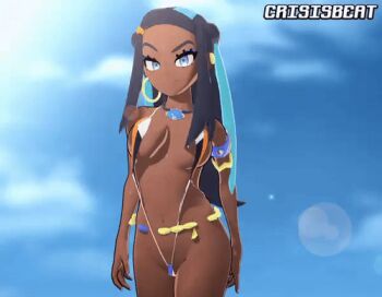 10s 1girl 3d animated animated_gif artist_name bikini black_hair blue_eyes blue_hair bouncing bouncing_breasts breasts cloud cowboy_shot crisisbeat dark-skinned_female dark_skin earrings female_focus hoop_earrings jewelry light_rays long_hair looking_at_viewer looping_animation lowres micro_bikini multicolored_hair navel nessa_(pokemon) nintendo outdoors pokemon pokemon_swsh sky slingshot_swimsuit smile solo staring sun sunbeam sunlight swimsuit two-tone_hair walking