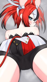 1girl absurdres animal_ear_fluff animal_ears ass ass_focus bare_shoulders bike_shorts bike_shorts_under_skirt black_hair black_shorts black_skirt black_tube_top blue_eyes blush cameltoe colored_tips dice_hair_ornament from_behind hair_between_eyes hair_ornament hakos_baelz hakos_baelz_(1st_costume) highres hololive hololive_english long_hair looking_at_viewer looking_back lying miniskirt mouse_ears mouse_girl mouse_tail multicolored_hair multicolored_skirt nobarts on_stomach red_hair red_skirt red_tail shorts skirt solo steaming_body strapless streaked_hair tail thighs tube_top twintails uneven_twintails virtual_youtuber white_hair white_skirt