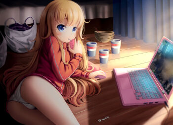 1girl ahoge ass bag bed blonde_hair blue_eyes blush_stickers bowl commentary computer computer_keyboard computer_mouse cup curtains disposable_cup dkoro drink_carton drinking english_commentary female_focus gabriel_dropout gabriel_tenma_white highres jacket juice_box laptop long_hair long_sleeves looking_at_viewer looking_back lying messy_hair on_floor on_side panties plastic_bag revision signature solo thighs track_jacket twitter_username underwear video_game white_panties wooden_floor
