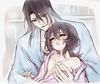 1boy 1girl antatica11 black_hair bleach blue_eyes blue_robe blush breasts closed_eyes commentary english_commentary grabbing_another&#039;s_breast groping hair_between_eyes hetero highres husband_and_wife kuchiki_byakuya kuchiki_hisana medium_hair off_shoulder pink_robe robe small_breasts sweatdrop