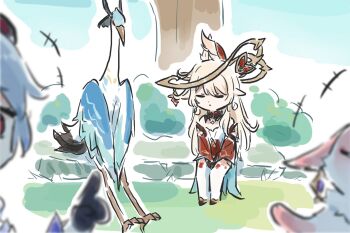 2girls alice_(genshin_impact) bird black_gloves blonde_hair blue_hair blurry blurry_foreground cloud_retainer_(genshin_impact) dress fox ganyu_(genshin_impact) genshin_impact gloves highres long_sleeves multiple_girls outdoors red_dress sitting thighhighs white_thighhighs xianyun_(genshin_impact) xinzoruo yae_miko yae_miko_(fox)