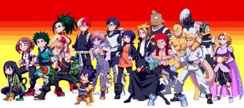10s 6+boys 6+girls 774_(nanashi) aoyama_yuuga armor ashido_mina asui_tsuyu bakugou_katsuki beak belt bird black_eyes black_hair black_sclera blonde_hair bodysuit boku_no_hero_academia boots breasts brown_eyes brown_hair cape closed_mouth colored_sclera colored_skin determined everyone excited facial_mark facing_viewer fighting_stance fingerless_gloves freckles frog_girl glasses gloves gradient_hair green_eyes green_hair grin hagakure_toru hand_up hands_on_own_hips hands_together happy height_difference high_ponytail horns iida_tenya invisible invisible_girl jiro_kyoka kaminari_denki kirishima_eijirou kouda_kouji large_breasts lineup long_hair looking_at_viewer looking_to_the_side low-tied_long_hair mask matching_hair/eyes messy_hair midoriya_izuku mineta_minoru mouth_mask multicolored_hair multiple_boys multiple_girls muscular no_bra ojiro_mashirao pink_hair pink_skin pixel_art platinum_blonde_hair ponytail purple_hair red_eyes red_hair satou_rikidou scar scar_on_face serious sero_hanta shoes short_hair shouji_mezou sitting skin_tight smile spiked_hair squatting standing teeth thumbs_up todoroki_shoto tokoyami_fumikage two-tone_hair uraraka_ochako white_hair yaoyorozu_momo