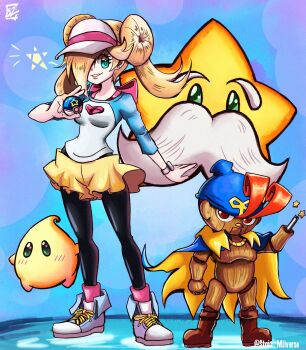 1girl arm_cannon blonde_hair blue_background blue_eyes cape cosplay crossover eldstar facial_hair full_body geno_(mario) hair_over_one_eye highres holding holding_poke_ball looking_at_viewer luma_(mario) mario_(series) mustache nintendo paper_mario poke_ball pokemon pokemon_bw2 raglan_sleeves rosa_(pokemon) rosa_(pokemon)_(cosplay) rosalina solid_oval_eyes square_enix standing star_(symbol) stoic_seraphim super_mario_galaxy super_mario_rpg weapon