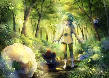 1boy aged_down barefoot bush capri_pants chain cottonee dappled_sunlight eevee emolga forest gen_1_pokemon gen_5_pokemon grass green_eyes green_hair highres in_tree light_rays looking_at_viewer male_focus mio_(mio84214) mio_(pixiv6572033) n_(pokemon) nature nintendo outdoors pants path petilil plant pokemon pokemon_(creature) road smile sunbeam sunlight tree walking watermark whimsicott zorua