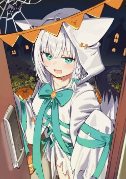 1girl :d absurdres ahoge alternate_costume animal_ear_hood animal_ears aqua_eyes blue_bow blue_bowtie bow bowtie braid commentary_request crossed_bangs deaver double-parted_bangs dress fake_animal_ears fang fox_ears fox_girl ghost_costume hair_between_eyes halloween highres hololive hood hood_up hooded_dress long_hair looking_at_viewer night open_mouth pentagram shirakami_fubuki short_dress side_braid single_braid skin_fang sleeves_past_fingers sleeves_past_wrists smile solo torn_clothes torn_dress virtual_youtuber white_dress white_hair