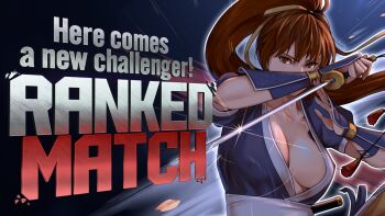 1girl arm_guards blue_kimono breasts brown_eyes brown_hair bula cleavage collarbone dead_or_alive holding holding_sword holding_weapon japanese_clothes kasumi_(doa) kimono large_breasts long_hair looking_at_viewer ninja obi ponytail puffy_short_sleeves puffy_sleeves ribbon sash short_sleeves short_sword solo street_fighter street_fighter_6 street_fighter_6_new_challenger_art_contest sword wakizashi weapon yellow_ribbon