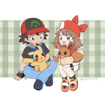 Rule 34 | 1boy, 1girl, ash ketchum, bandana, baseball cap, bike shorts, bike shorts under shorts, black hair, brown hair, checkered background, commentary request, fingerless gloves, gloves, green background, hat, highres, holding, holding pokemon, may (pokemon), nintendo, open mouth, pokemon, pokemon (anime), pokemon (creature), pokemon rse (anime), red bandana, red shirt, shirt, shoes, shorts, simple background, sitting, smile, sneakers, vest, xrqu2xk8qb47501