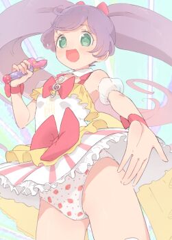 1girl :d ahoge blush bow breasts crotch_seam detached_collar female_focus food_print fruit_print green_eyes highres holding holding_microphone hyakumangoku_masurao loli long_hair manaka_laala microphone noseless open_mouth panties pantyshot pretty_series print_panties pripara red_bow small_breasts smile solo strawberry_panties strawberry_print tagme twintails underwear upskirt very_long_hair wristband