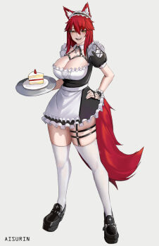 1girl aisurin1st alternate_costume alternate_hair_length_(shorter) animal_ear_fluff animal_ears apron black_dress black_shoes commentary dress english_commentary fishnet_gloves fishnets gloves hand_on_own_hip highres looking_at_viewer maid maid_apron maid_headdress mary_janes o-ring o-ring_thigh_strap open_mouth red_hair shoes smile solo tail thigh_strap thighhighs virtual_youtuber vshojo white_apron white_background white_thighhighs wolf_ears wolf_girl wolf_tail yellow_eyes zentreya zettai_ryouiki