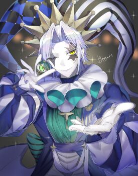 1boy clown_crew_biancaviso colored_skin commentary cowboy_shot duel_monster facial_mark gloves harlequin hat highres igaguri99 jester jester_cap jester_costume male_focus multicolored_hat neck_ruff one_eye_closed outstretched_arm puffy_sleeves signature solo striped_clothes striped_headwear symbol-only_commentary upper_body vertical-striped_clothes vertical-striped_headwear white_hair white_skin yellow_eyes yu-gi-oh!