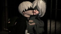1boy 1girl 20s 2b_(nier:automata) 3d 9s_(nier:automata) age_difference android animated backpack bag bars black_choker black_coat black_dress black_gloves blender_(medium) blindfold bored breasts choker coat dpmaker dress forced gloves hairband hand_on_another's_chest hetero hug indoors kiss kissing_cheek licking licking_another's_face long_sleeves looping_animation medium_breasts mole mole_under_mouth multicolored_gloves nier:automata nier_(series) platinumgames prison puffy_sleeves pushing pushing_away short_hair shota size_difference square_enix standing tongue tongue_out video white_gloves white_hair