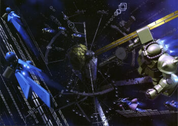 artist_request asteroid cable dra-c gundam gundam_0083 gundam_perfect_file machinery magazine_scan mecha mecha_focus mobile_suit nebula o&#039;neill_cylinder official_art painting_(medium) realistic retro_artstyle rick_dom robot scan science_fiction solar_panel space_station star_(sky) thrusters traditional_media zaku_ii zeon