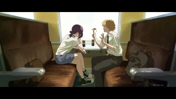 1boy 1girl absurdres backpack bag black_bag black_border black_choker black_necktie black_pants black_shoes blonde_hair blue_shorts border brown_bag chainsaw_man choker collared_shirt crossed_legs denji_(chainsaw_man) falling_petals flower full_body highres holding holding_flower letterboxed looking_at_another medium_hair necktie open_mouth pants petals purple_hair red_flower reze_(chainsaw_man) shirasuke_0822 shirt shoes short_hair short_sleeves shorts shoulder_bag sitting sleeves_rolled_up sneakers socks tongue tongue_out twitter_username updo white_flower white_shirt white_socks