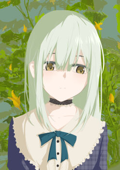 1girl absurdres aqua_bow aqua_bowtie bang_dream! bang_dream!_it&#039;s_mygo!!!!! blue_dress bow bowtie buttons closed_mouth dress fd_fu_dian frilled_shirt_collar frills green_hair highres looking_to_the_side solo upper_body wakaba_mutsumi yellow_eyes