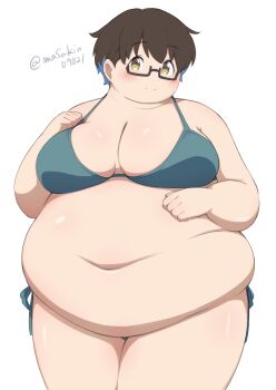 1girl belly big_belly bikini blue_bikini blue_hair blush breasts brown_eyes brown_hair cleavage fat fat_woman glasses hand_on_own_chest hand_on_own_stomach imari_youko large_breasts masakin multicolored_hair navel obese rectangular_eyewear ruri_no_houseki semi-rimless_eyewear short_hair side-tie_bikini_bottom smile solo standing swimsuit twitter_username under-rim_eyewear white_background