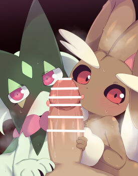 1boy 2girls bar_censor blush brown_fur cat_girl censored cooperative_fellatio erection fellatio ffm_threesome furry furry_female furry_with_non-furry gen_4_pokemon gen_9_pokemon green_fur group_sex highres interspecies large_penis licking licking_penis looking_at_viewer lopunny meowscarada multiple_girls nintendo open_mouth oral penis pink_eyes pokemon pokemon_(creature) pokephilia pov pov_crotch rabbit_ears rabbit_girl red_eyes samimitan sweat teamwork_(sexual) threesome tongue tongue_out
