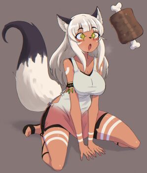 1girl absurdres animal_ears animal_nose armlet black_shorts blush boned_meat breath collarbone dark-skinned_female dark_skin doce dress drooling female_focus food full_body grey_background highres jewelry long_hair meat mouth_drool ochette_(octopath_traveler) octopath_traveler octopath_traveler_ii open_mouth sandals shorts sitting solo star-shaped_pupils star_(symbol) symbol-shaped_pupils tail wariza white_dress white_hair yellow_eyes