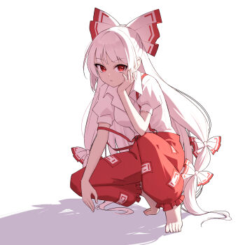 1girl :/ barefoot bow breasts closed_mouth commentary_request dot_nose expressionless frills fujiwara_no_mokou full_body hair_bow hand_on_own_cheek hand_on_own_face hand_up highres long_hair looking_at_viewer medium_breasts multi-tied_hair oeyama ofuda ofuda_on_clothes pants puffy_short_sleeves puffy_sleeves red_eyes red_pants shadow shirt short_sleeves simple_background solo squatting strap_slip suspenders toes touhou upturned_eyes very_long_hair white_background white_bow white_hair white_shirt wing_collar