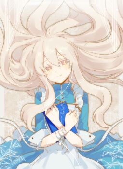 1girl aaniko apron blonde_hair blue_dress book bright_pupils brown_background closed_mouth colored_eyelashes commentary_request dress earphones floral_background frilled_apron frills hair_spread_out happy_tears holding holding_book hugging_object jewelry kagerou_project key key_necklace kozakura_marry long_hair looking_at_viewer necklace pillarboxed pink_eyes sleeve_cuffs smile solo song_name souzou_forest_(vocaloid) tears three-quarter_sleeves upper_body wavy_hair white_apron white_pupils