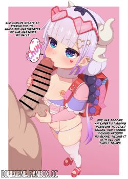 1boy 1girl absurdres backpack bag doregene dragon_girl dragon_horns english_text fellatio highres horns kanna_kamui kobayashi-san_chi_no_maidragon loli nipples oral penis plump randoseru standing
