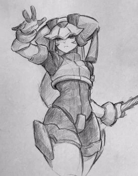 1girl cowboy_shot crotch_plate forehead_jewel grey_background helmet highres kimoisussy long_hair mega_man_(series) mega_man_zx model_w_(mega_man) monochrome pandora_(mega_man) simple_background sketch solo traditional_media
