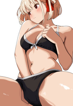 1girl absurdres bikini black_bikini blonde_hair blush breasts cleavage closed_mouth commentary_request female_masturbation hair_ribbon highres looking_to_the_side lycoris_recoil masturbation masturbation_under_clothes medium_breasts navel nishikigi_chisato red_eyes red_ribbon ribbon shadow simple_background solo stomach swimsuit tetsuado thighs white_background