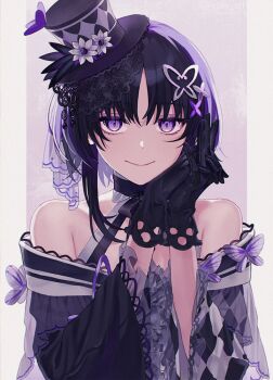 1girl bare_shoulders black_choker black_gloves black_hair black_hat bug butterfly butterfly_hair_ornament choker closed_mouth commentary_request eyeshadow flower frilled_sleeves frills gloves hair_ornament hands_up hat hat_flower housho_margo insect interlocked_fingers japanese_clothes lolita_fashion long_sleeves looking_at_viewer mahou_shoujo_no_majo_saiban makeup mini_hat mini_top_hat own_hands_together parted_bangs purple_butterfly purple_eyes purple_eyeshadow short_hair smile solo top_hat upper_body wa_lolita yuo_(yuo_sn220)