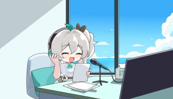 1girl :d ^_^ bird blue_sky chair chinese_commentary closed_eyes cloud cloudy_sky commentary_request cup day grey_hair hair_between_eyes headphones highres holding indoors microphone ocean office_chair open_mouth paper polo_shirt quanmian_shidai shirt short_sleeves side_ponytail sitting sky smile solo swivel_chair table toilet_paper wen_xiaomian wenxiaomian_family white_hair white_shirt window