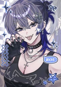 1girl aka_saki1 alternate_costume alternate_hairstyle black_gloves black_nails black_tank_top blue_eyes character_name choker claw_pose colored_speech_bubble commentary cross cross_necklace cursor ear_piercing fingerless_gloves genderswap genderswap_(mtf) glasses gloves grey_hair grey_jacket hair_ornament hairclip half_updo hand_up highres jacket jewelry koyanagi_rou looking_at_viewer multicolored_hair multiple_rings necklace nijisanji open_clothes open_jacket pearl_necklace piercing print_tank_top ring smile speech_bubble spiked_choker spikes star_(symbol) star_hair_ornament symbol-only_commentary tank_top teeth tongue tongue_out tongue_piercing two-tone_hair upper_body upper_teeth_only virtual_youtuber