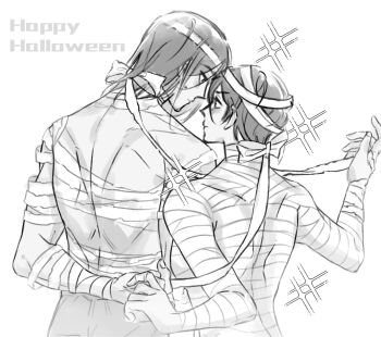 1boy 1girl bandaged_arm bandaged_chest bandaged_head bandaged_torso bandages blush breasts couple em1607230229543 eren_yeager hair_between_eyes happy_halloween hetero highres medium_breasts medium_hair mikasa_ackerman mummy_costume shingeki_no_kyojin short_hair sparkle sweatdrop topless_male upper_body white_background