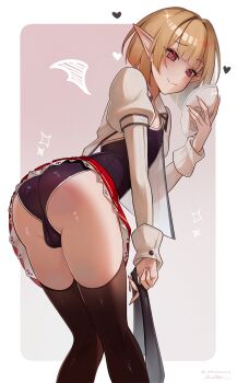 1boy absurdres akumana ass blonde_hair bulge crossdressing crossdressing_(mtf) fang gasper_vladi heart high_school_dxd highres male_focus one-piece_swimsuit pointy_ears red_eyes skin_fang solo swimsuit swimsuit_under_clothes thighhighs thighs trap vampire