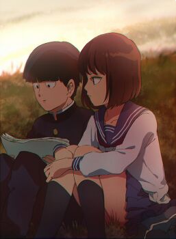 1boy 1girl aoki_(fumomo) black_eyes black_hair black_jacket black_pants black_socks blue_sailor_collar blue_skirt blunt_bangs blunt_ends bob_cut brown_hair buttons closed_mouth collared_jacket commentary_request emi_(mob_psycho_100) expressionless feet_out_of_frame fukami_emi gakuran grass grey_sky high_collar hill holding holding_paper hugging_own_legs jacket kageyama_shigeo kneehighs knees_up light_frown long_sleeves miniskirt mob_psycho_100 neckerchief on_ground outdoors pants paper paper_stack parted_lips pleated_skirt pointy_nose puffy_long_sleeves puffy_sleeves reading red_neckerchief sailor_collar school_uniform serafuku shirt short_hair sitting skirt sky socks sunlight sunset surprised swept_bangs undershirt white_shirt wide-eyed
