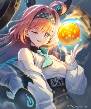 1girl ;p ahoge black_hairband black_skirt blue_eyes blue_necktie breasts collared_shirt commentary_request dress_shirt hairband hand_up high-waist_skirt highres jacket lishenna_(shadowverse) long_hair long_sleeves looking_at_viewer medium_breasts necktie nogi_lief off_shoulder official_art one_eye_closed open_clothes open_jacket orb pink_hair puffy_long_sleeves puffy_sleeves shadowverse shirt skirt sleeveless sleeveless_shirt solo tie_clip tongue tongue_out very_long_hair white_jacket white_shirt
