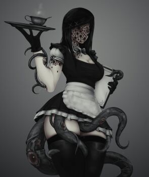 1girl apron black_boots black_dress black_gloves black_thighhighs boots breasts clipboard colored_skin commentary cup dress eldritch_abomination extra_eyes extra_mouth faceless faceless_female gloves hair_ornament highres horror_(theme) horror_maid_(imp_(impractical)) imp_(impractical) long_hair maid medium_breasts original pale_skin phallic_symbol short_dress slime_(substance) solo standing swept_bangs teacup tentacles thick_thighs thigh_boots thighhighs thighhighs_under_boots thighs tray trypophobia waist_apron white_skin x_hair_ornament zettai_ryouiki