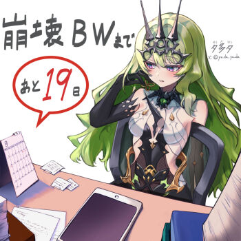 1girl black_dress black_gloves black_tiara breasts calendar_(object) chair commentary_request desk dress earrings elbow_gloves gloves green_hair honkai_(series) honkai_impact_3rd jewelry long_hair mobius_(honkai_impact) on_chair paper_stack revealing_clothes simple_background sitting slit_pupils small_breasts solo spikes tablet_pc tiara translation_request twitter_username very_long_hair white_background yu_da_yu_da