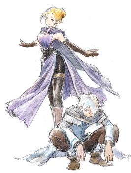 1boy 1girl black_bodysuit blonde_hair bodysuit boots brown_boots brown_gloves cape closed_mouth commentary_request cosplay costume_switch elbow_gloves gloves hair_over_one_eye highres looking_at_viewer octopath_traveler octopath_traveler_i ophilia_clement outstretched_arms purple_cape qqqqqli simple_background squatting standing therion_(octopath_traveler) white_background white_hair