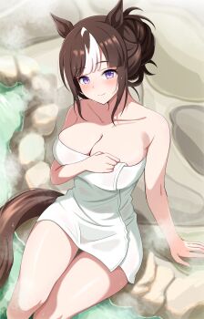 1girl absurdres animal_ears breasts brown_hair cleavage highres hokko_tarumae_(umamusume) horse_ears horse_girl horse_tail large_breasts looking_at_viewer multicolored_hair naked_towel onsen purple_eyes solo streaked_hair tail towel umamusume white_hair y_k_(user_maxh5525)