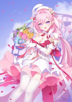 1girl absurdres ai_ke_le_de_xiao_hong beret blue_sky bouquet breasts cleavage dated diamond-shaped_pupils diamond_(shape) dress elf elysia_(hi_love_elf)_(honkai_impact) elysia_(honkai_impact) flower hat highres holding holding_bouquet honkai_(series) honkai_impact_3rd large_breasts long_hair looking_at_viewer multicolored_hair pink_hair pointy_ears purple_eyes sky smile solo symbol-shaped_pupils tank_top thighs two-tone_hair very_long_hair white_dress white_hair white_tank_top