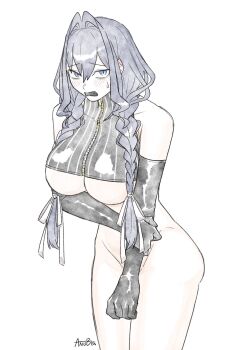 Rule 34 | 1girl, bare shoulders, biscuitaart, black gloves, black thighhighs, blue eyes, blue hair, blush, bow, braid, breasts, cleavage, elbow gloves, fangs, frown, gloves, hair bow, hair intakes, highres, hololive, hololive english, large breasts, leaning forward, long hair, looking at viewer, open mouth, ouro kronii, shirt, solo, sweatdrop, thighhighs, twin braids, underboob, upper body, virtual youtuber, white background, zipper