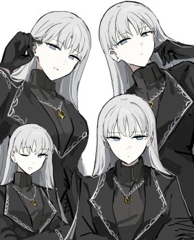 1girl angelica_(project_moon) black_gloves black_jacket blue_eyes chain chain_necklace crossed_arms gloves highres jacket jewelry lapels library_of_ruina long_hair multiple_views necklace open_mouth project_moon rai_(r2718281) ring ring_necklace silver_trim simple_background smile very_long_hair white_background white_hair