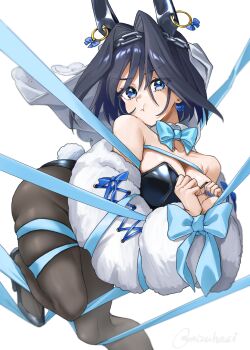 1girl absurdres animal_ears black_pantyhose blue_bow blue_bowtie blue_eyes blue_nails blue_ribbon bound bow bow_earrings bowtie breasts cleavage coat detached_collar earrings fur_coat high_heels highres hololive hololive_english jewelry large_breasts mizuhasi ouro_kronii pantyhose playboy_bunny pout rabbit_ears rabbit_tail ribbon ribbon_bondage skindentation tail twitter_username virtual_youtuber white_background
