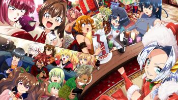 5boys 6+girls aishuu_hebiko alternate_costume alternate_form androgynous breasts breasts_squeezed_together brown_hair cake character_doll character_request christmas crossdressing crossdressing_(mtf) crossover cup dark-skinned_female dark_skin doll dress drink drinking_glass food fuuma_tokiko grin happy hat highres huge_breasts igawa_asagi igawa_sakura inage_natsu indoors ingrid_(taimanin_asagi) komochizuki large_breasts looking_at_another multiple_boys multiple_girls oboro_(taimanin_asagi) official_alternate_costume onizaki_kirara pink_eyes pink_hair playing_games santa_hat shinganji_kurenai short_hair siblings sisters sitting smile taimanin_(series) taimanin_asagi taimanin_kurenai taimanin_rpgx trap twintails uehara_shikanosuke