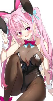 1girl :d ahoge alternate_costume animal_ear_fluff animal_ear_hairband animal_ears black_leotard blush bow bowtie braid cat_ears cat_girl commentary_request darjeeling_(reley) detached_collar extra_ears fake_animal_ears hairband half_up_braid hand_up highleg highleg_leotard highres indie_virtual_youtuber knee_up leotard long_hair looking_at_viewer open_mouth pink_bow pink_bowtie pink_hair purple_eyes rabbit_ear_hairband rabbit_ears simple_background sitting skin_tight smile solo twintails very_long_hair virtual_youtuber white_background wrist_cuffs yuuki_sakuna