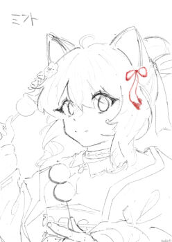 1girl absurdres ahoge animal_ears arknights breasts candy_apple cat_ears cat_girl choker dango flower food hair_between_eyes hair_flower hair_ornament hair_ribbon highres holding holding_food infection_monitor_(arknights) japanese_clothes kimono looking_at_viewer medium_breasts medium_hair mint_(arknights) mint_(tsukiyoi)_(arknights) monochrome official_alternate_costume open_clothes open_kimono red_ribbon ribbon sash sketch skewer smile solo spot_color swept_bangs wagashi white_background zdkr_4ii