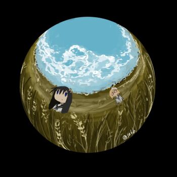 2girls 5afvb black_background black_hair black_sailor_collar blonde_hair blue_eyes blue_sky cloud field fisheye food food_on_head fried_egg glasses grass hair_between_eyes multiple_girls mushroom mushroom_on_head object_on_head outdoors sailor_collar school_uniform serafuku shimeji_simulation shirt sky standing surreal tall_grass tsukishima_shijima twitter_username white_shirt yamashita_majime