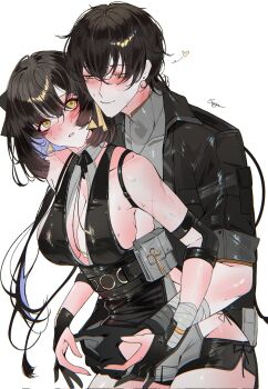1boy 1girl bare_shoulders black_dress black_gloves black_hair black_jacket blush breasts cleavage closed_mouth commentary cowboy_shot dress dual_persona female_rover_(wuthering_waves) gloves grey_shirt hair_between_eyes heart hetero highres hug hug_from_behind jacket large_breasts long_hair male_rover_(wuthering_waves) parted_lips partially_fingerless_gloves rover_(wuthering_waves) sanya_(sanya_lox228) selfcest shirt simple_background smile sweat symbol-only_commentary white_background wuthering_waves yellow_eyes