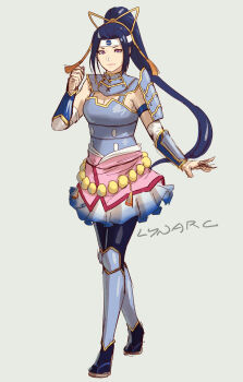 1girl armor beads blue_hair breastplate breasts cleavage cleavage_cutout clothing_cutout detached_sleeves eyelashes gold_trim hair_ribbon hair_tie inahime lips lipstick long_bangs long_hair looking_at_viewer lynarc makeup medium_breasts miniskirt nintendo pantyhose parted_bangs pauldrons pokemon pokemon_conquest ponytail purple_eyes pursed_lips ribbon sandals sengoku_musou shoulder_armor sketch skirt solo tassel