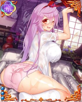 Rule 34 | 1girl, animal ears, artist request, ass, blush, border, breasts, buruma, female focus, gym uniform, hand up, jpeg artifacts, katana, kneehighs, large breasts, long hair, one eye closed, open mouth, purple hair, rabbit, rabbit ears, red eyes, sengoku bushouki muramasa, sheath, sheathed, sitting, smile, socks, solo, sword, table, tatami, tissue box, toudou takatora (sengoku bushouki muramasa), wariza, weapon, wet, white socks, window