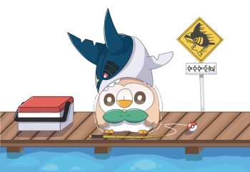 amonilust bird biting cooler fishing_rod gen_3_pokemon gen_7_pokemon highres looking_at_viewer nintendo no_humans open_mouth outdoors owl poke_ball poke_ball_(basic) pokemon pokemon_(creature) red_eyes rowlet shaking shark sharp_teeth sharpedo sign standing teeth unownglyphics water