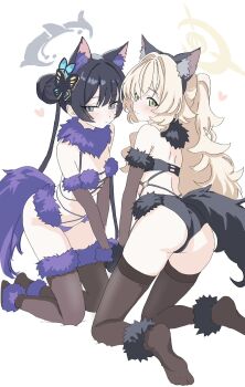 2girls animal_costume animal_ears ass bare_shoulders black_hair black_panties black_thighhighs blonde_hair blue_archive blush bra breasts elbow_gloves facing_another gloves grey_halo hair_bun hair_ornament halloween_costume halo heart highres kamitosayu kisaki_(blue_archive) long_hair looking_at_viewer median_furrow multiple_girls panties ponytail professor_niyaniya_(blue_archive) purple_bra purple_panties revealing_clothes small_breasts spoken_heart tail thighhighs underwear wolf_costume wolf_ears wolf_tail yellow_halo